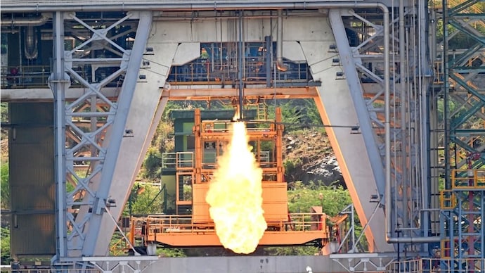 The Indian Space Research Organisation conducted the hot test of the Semi-Cryogenic Engine Power Head Test Article (PHTA) at the Isro Propulsion Research Complex (IPRC) in Mahendragiri, Tamil Nadu. ( Photo- ISRO)