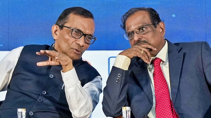 ISRO Chairman V Narayanan, right, in a conversation with IN-SPACe Chairman Pawan Goenka during the inaugural session of 9th Bengaluru Space Expo 2026. (Photo: PTI) Isro private sector push