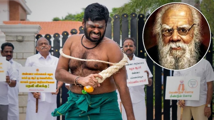 K Annamalai's tribute post on Periyar's birth anniversary has prompted critics to mock him by sharing a two-year-old video of him whipping himself. (Image: File) K Annamalai's tribute post on Periyar's (inset) birthday anniversary made critics mock him with his two-year-old whipping video. (Image: File)