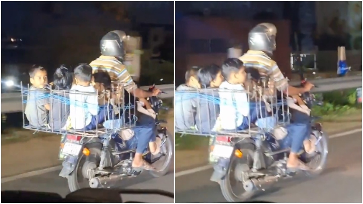 Karnataka man rides with 5 children packed into metal basket, one seated in front