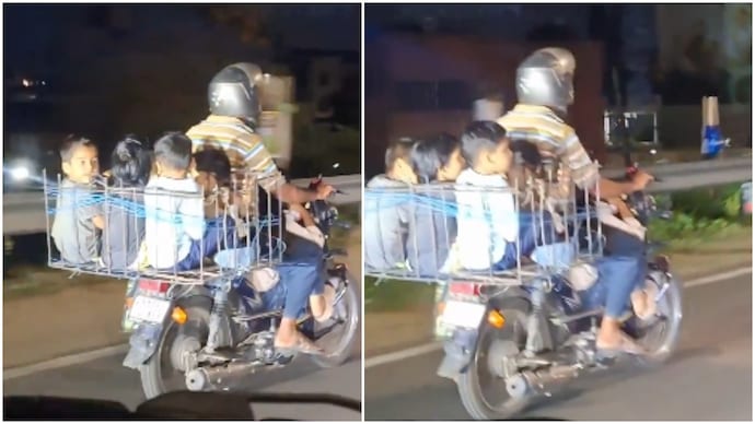 Karnataka man rides with 5 children packed into metal basket, one seated in front (Photos: Sanatan Kannada/X) Karnataka man rides with 5 children packed into metal basket one seated in front