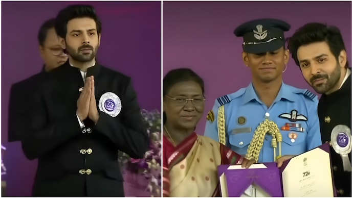 Kartik Aaryan receives National Film Award for Chandu Champion. (Credit: Instagram/KartikAaryan/DD News) Kartik Aaryan receives National Film Award