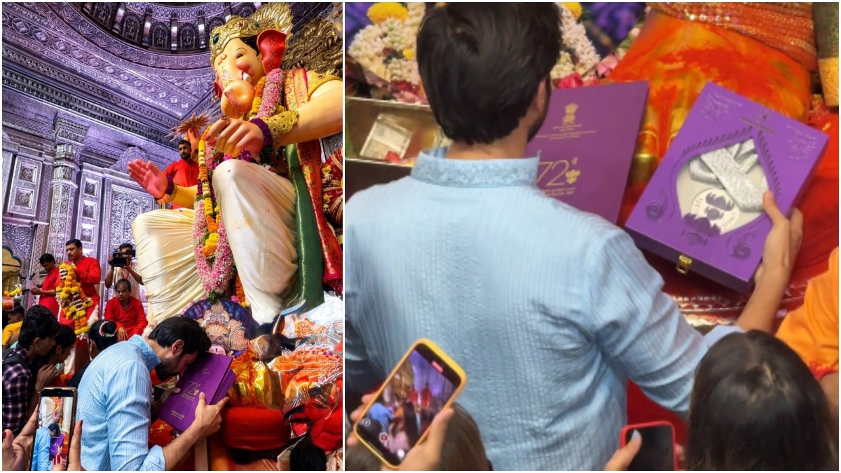 A grateful Kartik Aaryan lays his National Award at Bappa's feet at Lalbaugcha Raja
