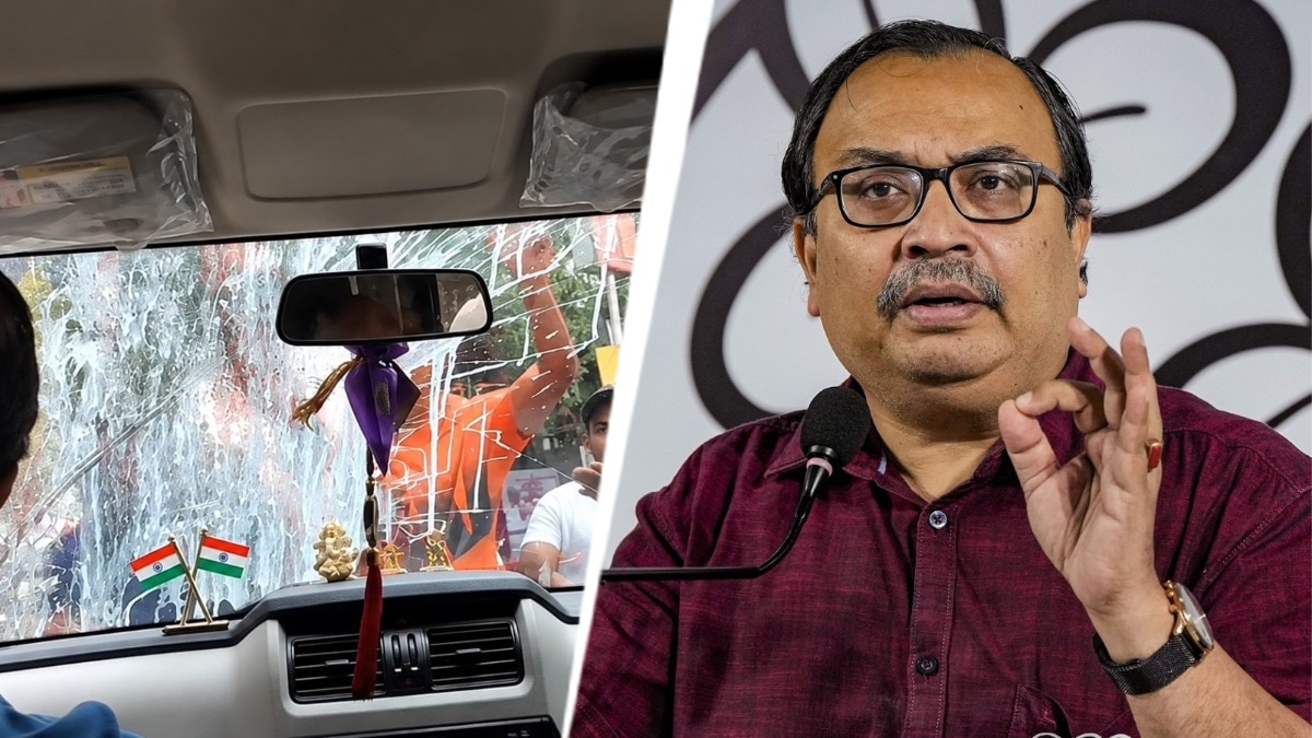TMC MLA Kunal Ghosh shows the shattered windshield of his car after he claimed it was attacked in Kolkata. (File image: ANI) Kunal Ghosh