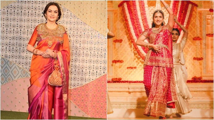 (L) Nita Ambani (R) Radhika Merchant photographed at Antilia. (Photo: Yogen Shah, Instagram) (L) Nita Ambani (R) Radhika Merchant photographed at Antilia