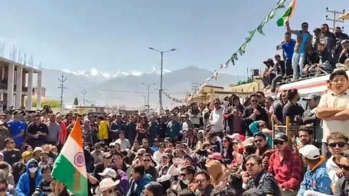 People protest over the statehood demand and the inclusion of Ladakh under the Sixth Schedule in Leh. (Photo: PTI) Ladakh