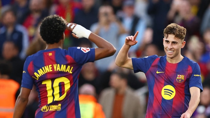 Lamine Yamal and Fermin Lopez celebrate a Barcelona goal. (Reuters Photo) Lamine Yamal and Fermin Lopez