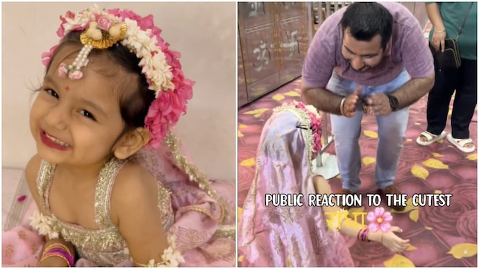 Little girl dressed as Goddess Radha walks into temple, devotees seek her blessings (Photos: @life.of.jeeva_/Instagram) Little girl dressed as Goddess Radha walks into temple, devotees seek her blessings
