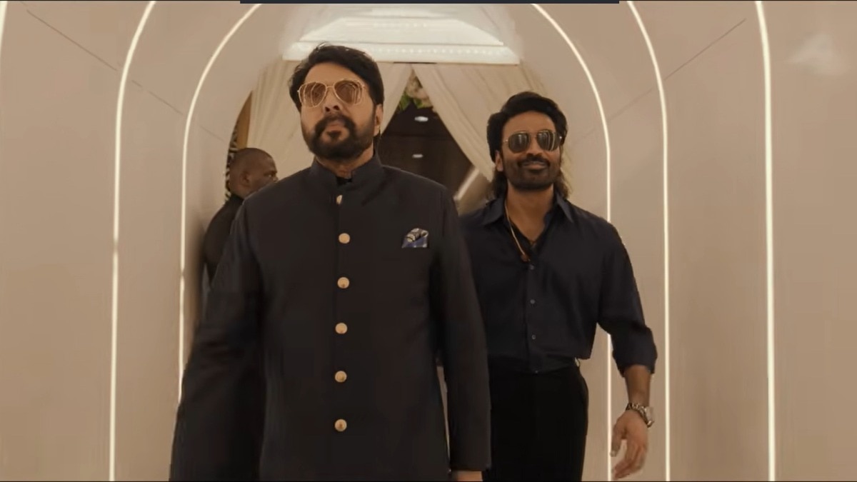 Mammootty will play the role of Burma Karthikeyan in Dhanush-starrer Om Chapter 1. (Photo credit: Screengrab from teaser/Divo Music) Mammootty and Dhanush in Om