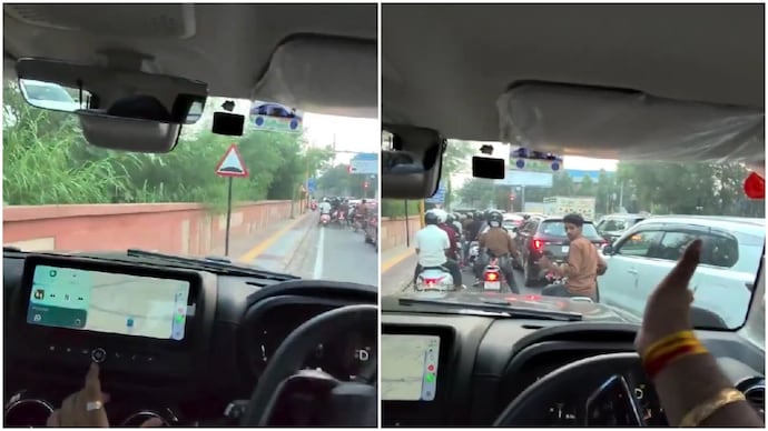 Man drives Thar on footpath to skip traffic, boasts of car's 'advantage' to mother (Photos: @SaffronChargers/X) Man drives Thar on footpath to skip traffic, boasts of car's 'advantage' to mother