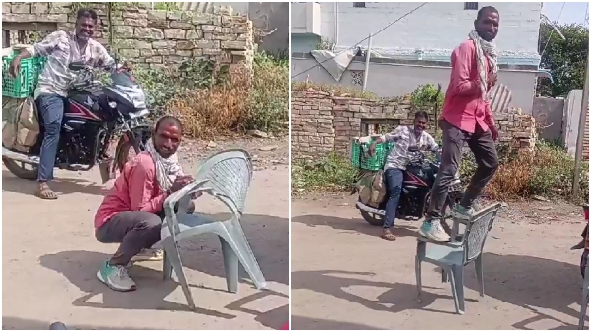 Man selling chairs gives dramatic demonstration to show plastic chair's sturdiness