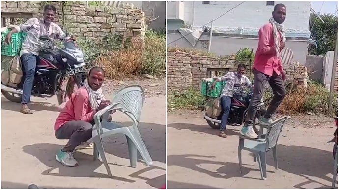 Man selling chairs gives dramatic demonstration to show plastic chair’s sturdiness (Photos: @ItyagiSajid/X) Man selling chairs gives dramatic demonstration to show plastic chair’s sturdiness