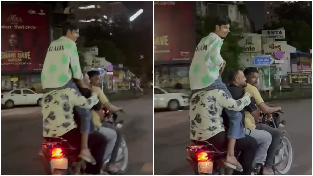 Ahmedabad man sits on friend's shoulders as 4 men squeeze onto one bike, get arrested