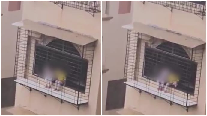 Man warns kids sitting on window ledge of 9th-floor flat, their mother confronts him (Photos: @YadavSharad72/X) Man warns kids sitting on window ledge of 9th-floor flat, their mother confronts him
