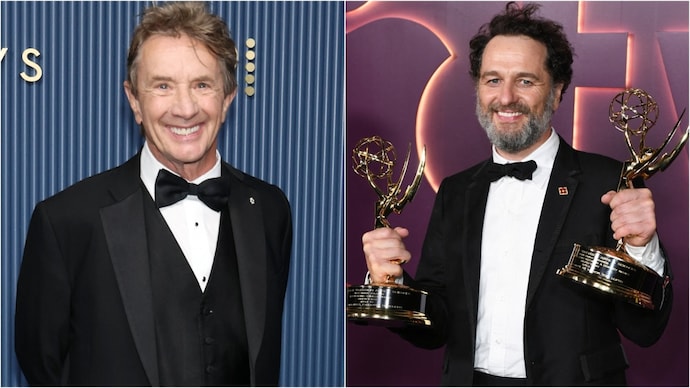 Martin Short (L) literally tears up his speech after Matthew Rhys (R) wins an Emmy. (Photo: AFP) Martin Short literally tears up his speech after Matthew Rhys wins an Emmy.