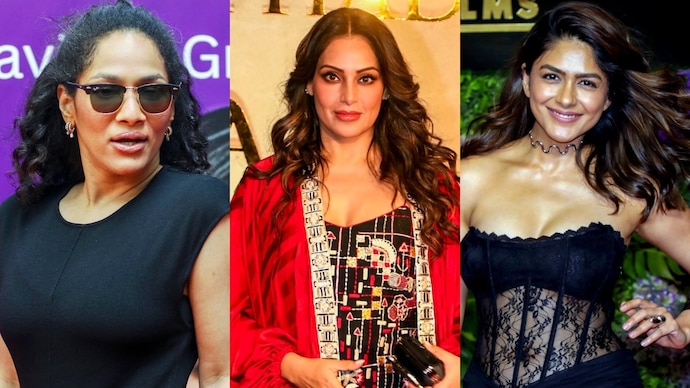 From L-R/ Masaba Gupta, Bipasha Basu and Mrunal Thakur (Photo: PTI) Masaba praises Bipasha Basu’s 'muscles'. Internet smells a dig at Mrunal Thakur