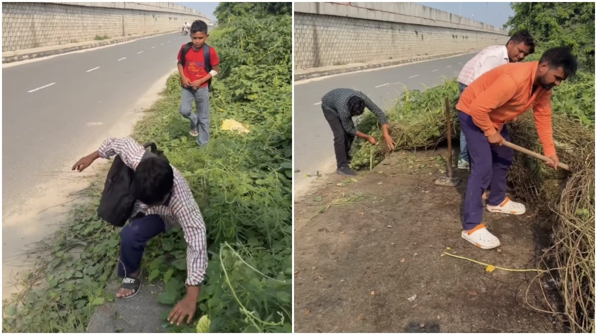 Men clear plants blocking footpath after seeing children struggle to walk