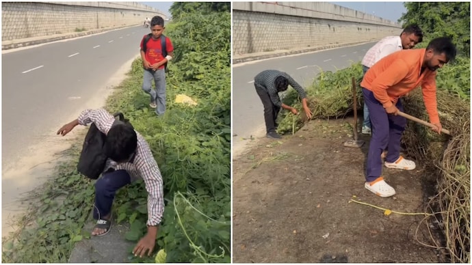 Men clear plants blocking footpath after seeing children struggle to walk (Photos: @mohitrolexboyy_/Instagram) Men clear plants blocking footpath after seeing children struggle to walk