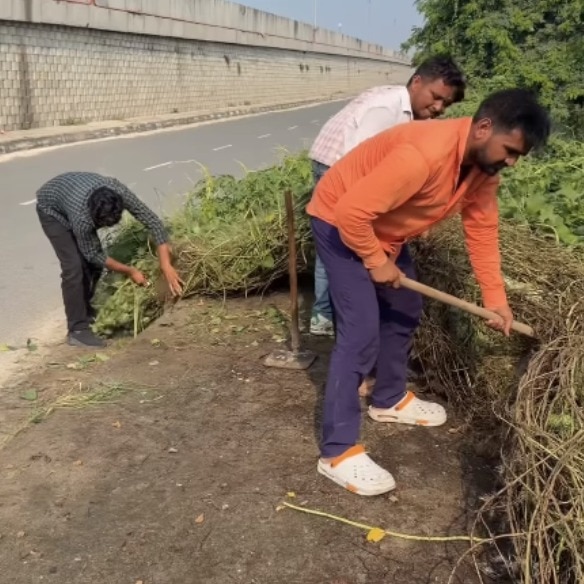Men clear plants blocking footpath after seeing children struggle to walk
