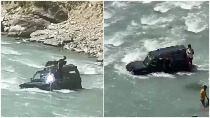 Men drive SUV into fast-flowing river in J&K to film reel, get stuck in strong current Men drive SUV into fast-flowing river in J&K to film reel, get stuck in strong current