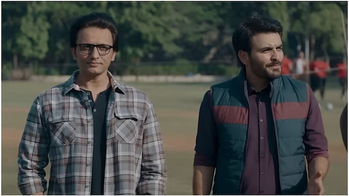 A still of Mohammed Zeeshan Ayyub and Manav Kaul from Real Kashmir Football Club. A still of Mohammed Zeeshan Ayyub and Manav Kaul from Real Kashmir Football Club.