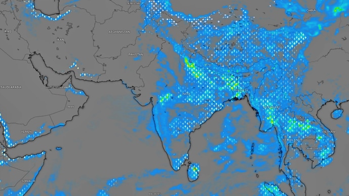 The IMD has also issued a warning for strong surface winds over Telangana, with wind speeds of around 30 to 40 kmph possible in some areas. (Photo: Windy) Monsoon rain Tuesday