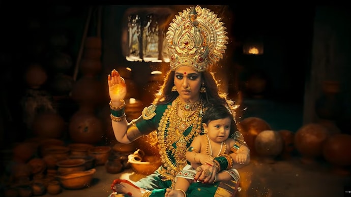 Nayanthara returns as Goddess Mookuthi Amman in Part 2. (Photo credit: A screengrab from teaser/Think Music India) Nayanthara in Mookuthi Amman 2