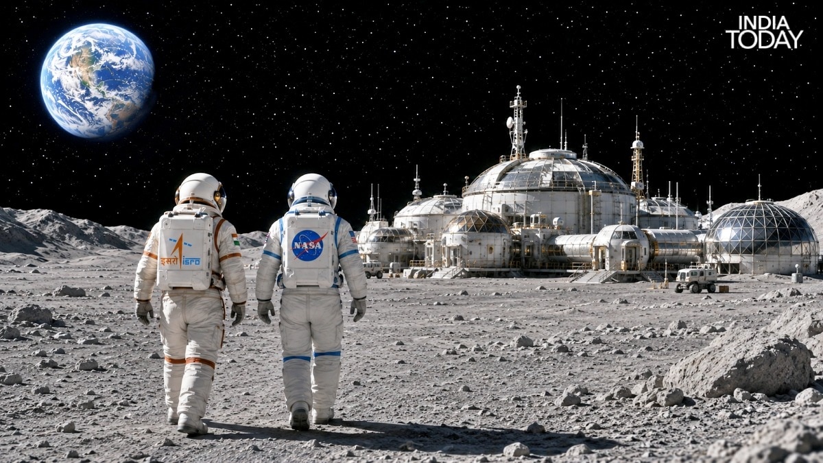 Two astronauts walk towards a lunar settlement. (Representational Photo: Generative AI by India Today) Moon base Nasa Isro