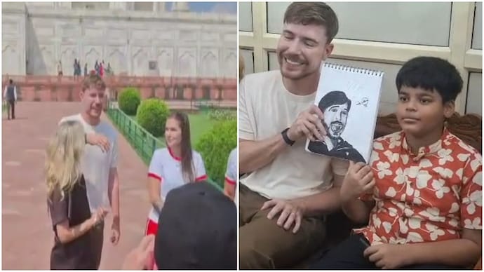 MrBeast visits Taj Mahal with wife in Agra, young fan gives him handmade sketchbook MrBeast visits Taj Mahal with wife in Agra, young fan gives him handmade sketchbook