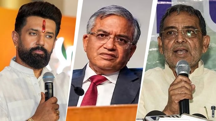 Union Minister Chirag Paswan (left), Chief Election Commissioner Gyanesh Kumar (centre) and Rajya Sabha MP Upendra Kushwaha. (File photo) NDA