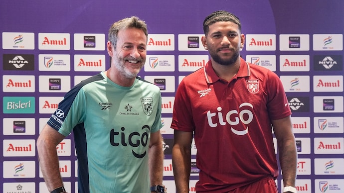 Panama football team coach Thomas Christiansen with player Carlos Harvey during a press conference (PTI Photo) Panama football team coach Thomas Christiansen with player Carlos Harvey