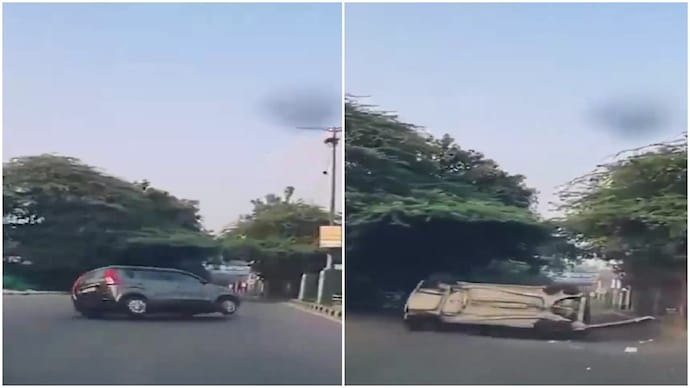Passenger's miraculous escape as car overturns after driver loses control in Delhi Passenger's miraculous escape as car overturns after driver loses control in Delhi