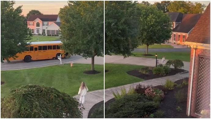 Pet dog hops onto school bus, owner races after him in her pajamas (Photos: Ashley Miller) Pet dog hops onto school bus, owner races after him in her pajamas