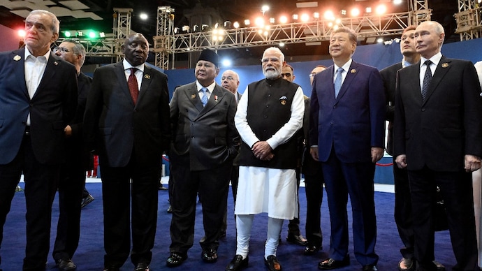 Prime Minister Narendra Modi with other BRICS leaders at the Bharat Mandapam in Delhi on Saturday. (Photo: Reuters)
