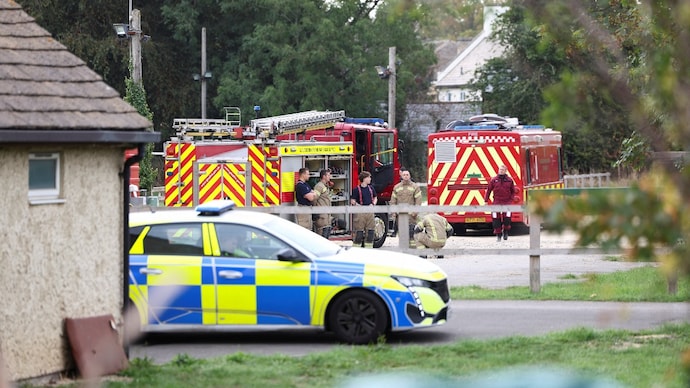 Emergency vehicles parked at Fairford Youth Football club near RAF Fairford, which hosts US Air Force personnel, on Sunday. (Photo: Reuters)