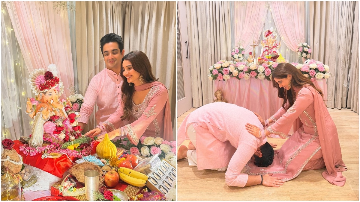 Ranveer Allahbadia bows down before girlfriend as they celebrate Ganesh Chaturthi (Photos: Ranveer Allahbadia/Instagram) Ranveer Allahbadia Juhi Bhatt