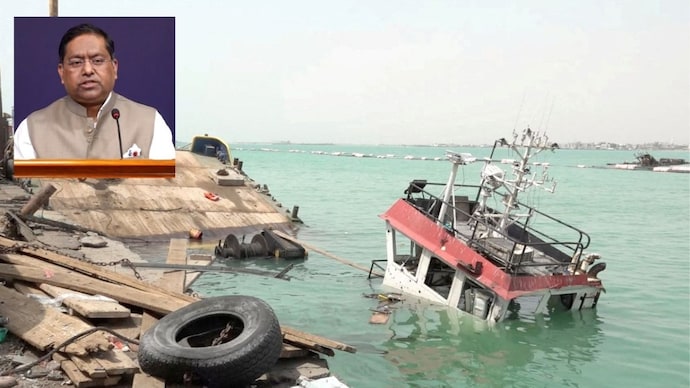 Damage following Houthi strikes on Yemen’s Red Sea port city of Mocha; inset: MEA spokesperson Randhir Jaiswal. (Photo: Reuters/PTI)
