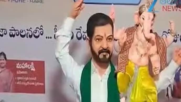 Revanth Reddy-themed Ganesh idol at a Hyderabad pandal. Revanth Reddy-themed Ganesh idol at a Hyderabad pandal.