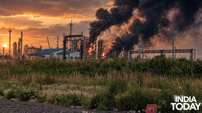 AI-enhanced image of Russia’s Omsk oil refinery, more than 2,500 km from Ukraine’s border, following a Ukrainian drone strike in July 2026