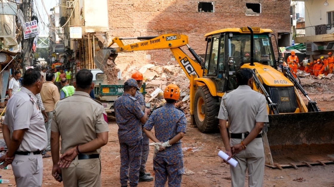 The action has intensified days after the collapse of a paying guest accommodation in Satya Niketan killed seven people and injured at least five. (Photo: PTI) Building collapse in Satya Niketan.