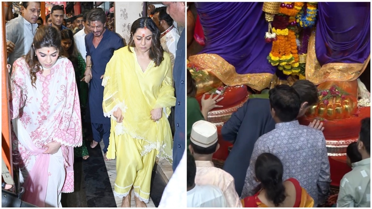 Shah Rukh Khan arrived with manager Pooja Dadlani, wife Gauri and daughter Suhana at Lalbaugcha Raja pandal. (Credit: Yogen Shah) SRK bows down to Lalbaugcha Raja, visits pandal with Suhana and Gauri. Video