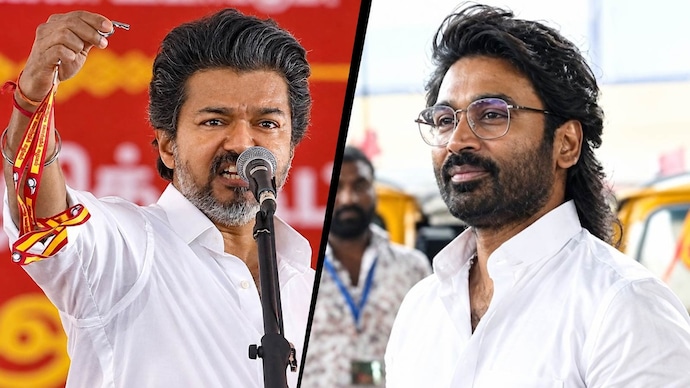 Tamil Nadu CM Joseph Vijay and actor Dhanush Tamil Nadu CM Joseph Vijay and actor Dhanush