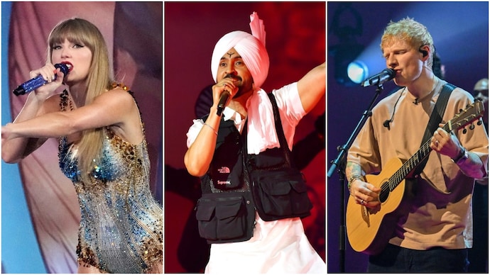 Diljit Dosanjh surpasses Ed Sheeran, Taylor Swift with 92,000-strong Wembley crowd. Picture credit: AP/Getty Images/AP Taylor Swift, Diljit Dosanjh, Ed Sheeran