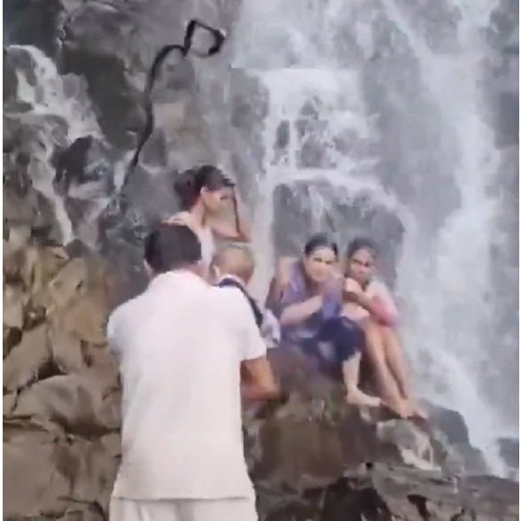 Terrifying moment snake falls on man carrying child at Maharashtra waterfall