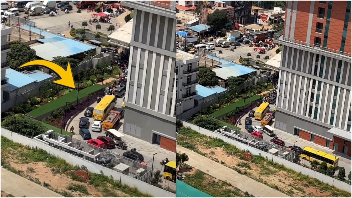 A video showing 30-minute long traffic inside a Bengaluru society has gne viral. (Photos: her_wandering_footprints/Instagram) traffic