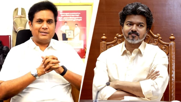 Ex-Tamil Nadu minister TRB Rajaa questioned outcome of CM C Joseph Vijay's UK visit. (Photos: X/PTI) TRB Rajaa
