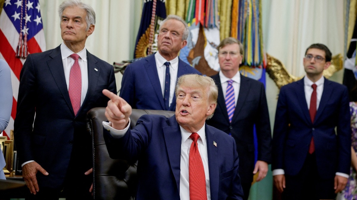 US President Donald J. Trump points his finger as he makes an announcement in the Oval Office at the White House in Washington. ( Photo- Reuters)