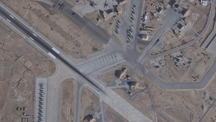Satellite image shows F-15E, A-10 Thunderbolt, and C-130 Hercules at the Muwaffaq Salti Air Base in Jordan. (Photo: Planet Labs PBC via Reuters)