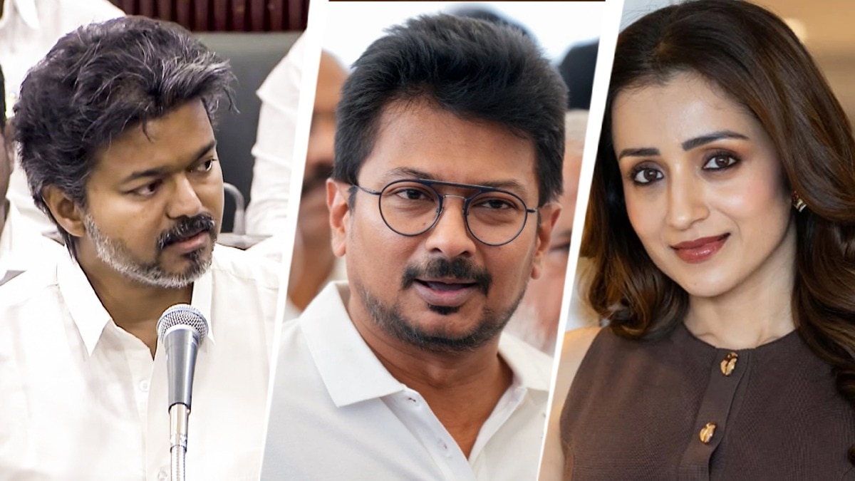 Without naming LoP Udhayanidhi Stalin (C), Tamil Nadu CM Vijay (L) said the law would take its course if women were insulted amid a row over Stalin Jr's 'double-meaning' remarks on actor Trisha (R). (File photo: PTI)