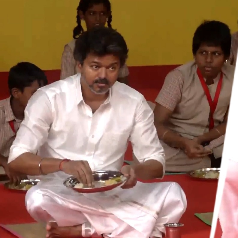 Video: At breakfast scheme launch, Vijay serves students, eats with them